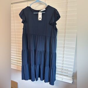 Navy Tiered Ruffle Sleeve Dress
